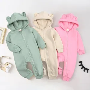 Kids Baby Boys Girls Autumn Winter Casual Cute Solid Color Bear Long Sleeve Hooded Jumpsuit Neutral