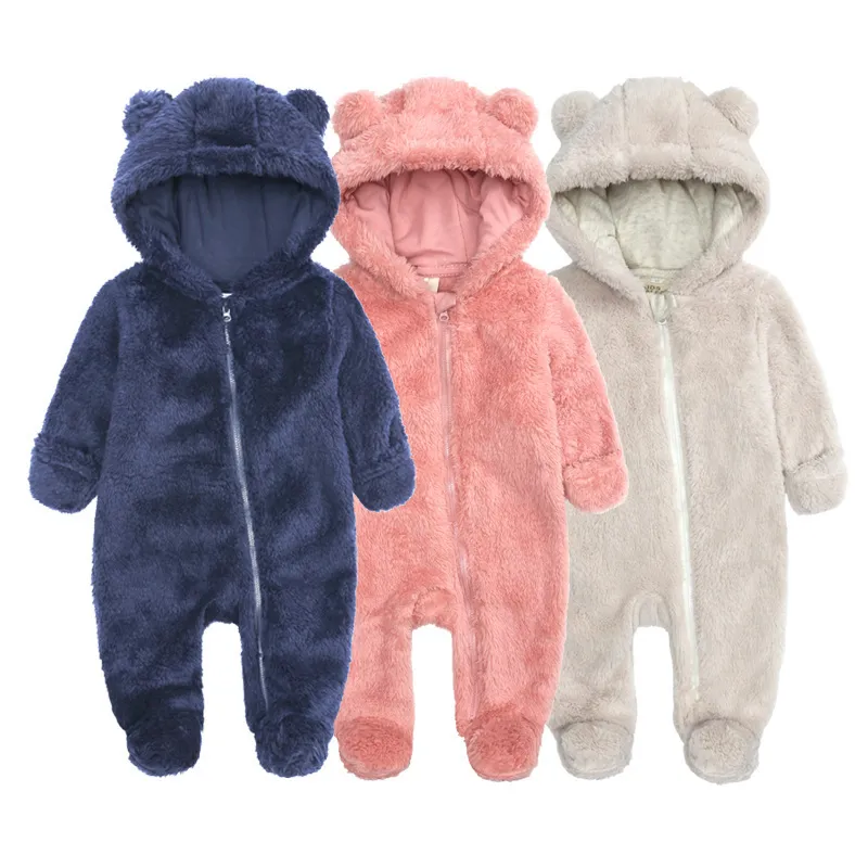 Kids Baby Boys Girls Autumn Winter Casual Cute Solid Color Fleeces Long Sleeve Hooded Zipper Bodysuit