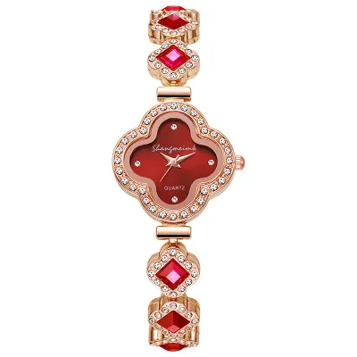 Women Fashion Rhinestone Four-Leaf Clover Quartz Watch