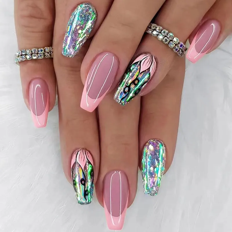 Women Cute Flash Pink Floral Wearable Fake Nails