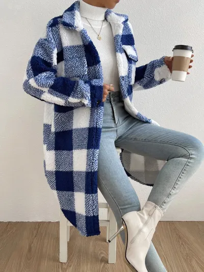 Autumn Winter Women Fashion Open Button Lapel Plush Plaid Jacket Shacket Coat
