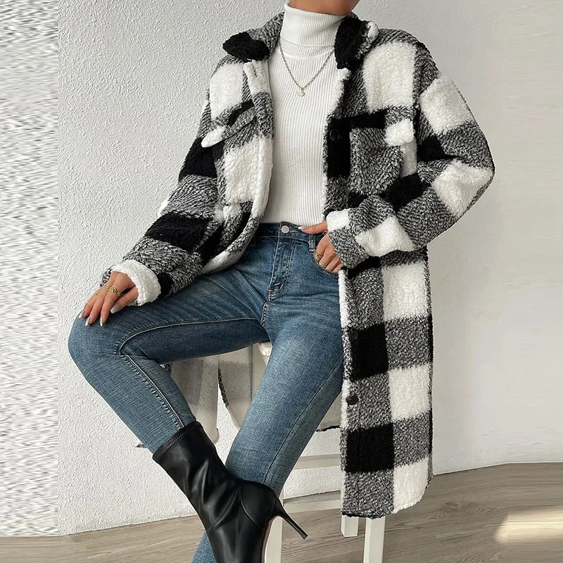 Autumn Winter Women Fashion Open Button Lapel Plush Plaid Jacket Shacket Coat