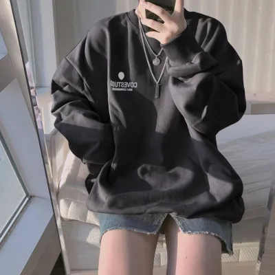 Women Loose Fit Solid Color Round Neck Long Sleeve Pullover Sweatshirt