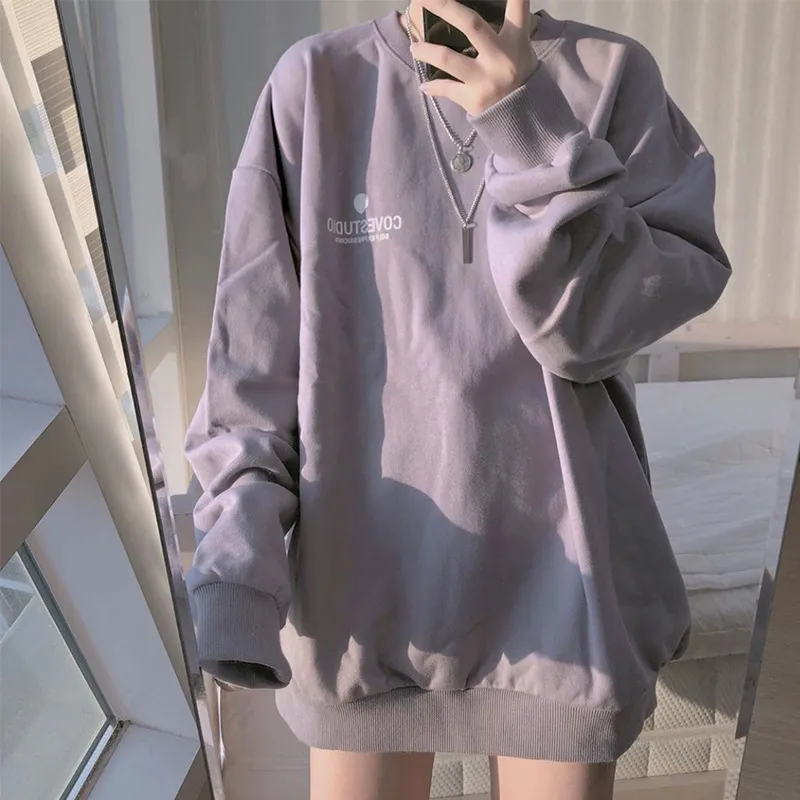 Women Loose Fit Solid Color Round Neck Long Sleeve Pullover Sweatshirt