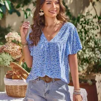 Women Fashion Casual Vacation Short Sleeve V-Neck Tiny Floral Printing Blouse