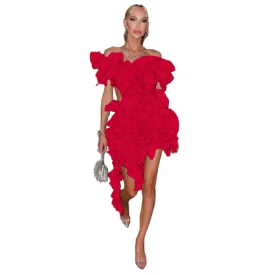 Women Fashion Sexy Solid Color Hollow-Out Backless Ruffled Irregular Dress