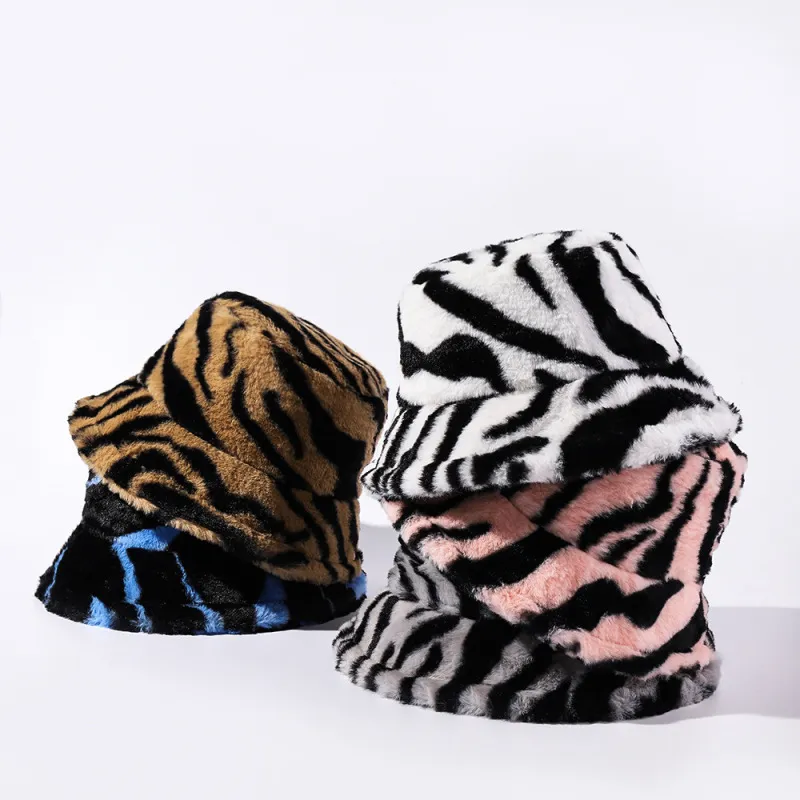Wholesale Autumn And Winter Women Fashion Zebra Printed Warm Plush Bucket  Hats
