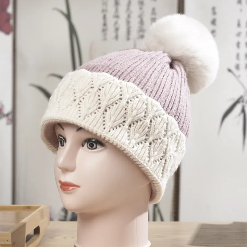 Autumn Winter Women Knitted Fleece Lined Warm Wool Ball Beanie Cap