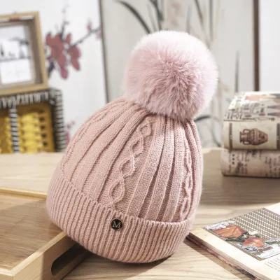 Winter Women Fashion Fleece-Lined Padded Wool Ball Knitted Alpaca Wool Hat