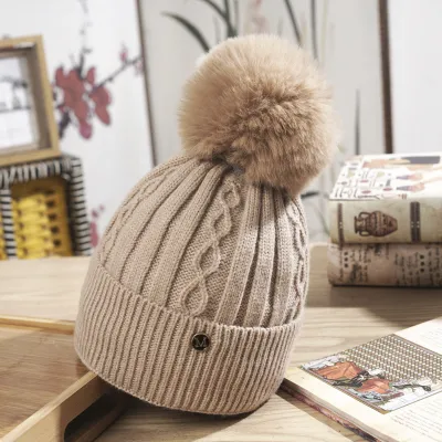 Winter Women Fashion Fleece-Lined Padded Wool Ball Knitted Alpaca Wool Hat