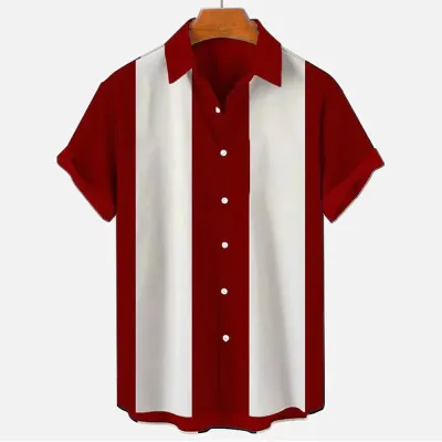 Men Fashion Holiday Stripe Letter Lapel Short Sleeve Plus Size Loose Shirt