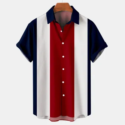 Men Fashion Holiday Stripe Letter Lapel Short Sleeve Plus Size Loose Shirt