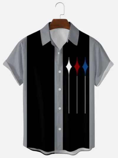 Men Fashion Holiday Stripe Letter Lapel Short Sleeve Plus Size Loose Shirt