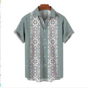 Men Fashion Holiday Stripe Letter Lapel Short Sleeve Plus Size Loose Shirt