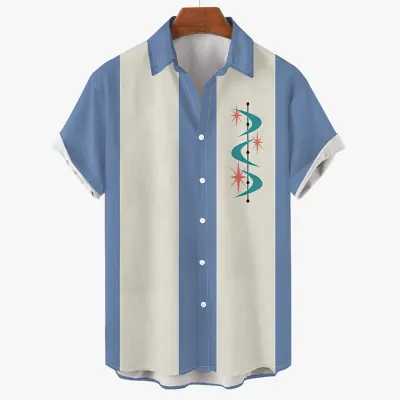 Men Fashion Holiday Stripe Letter Lapel Short Sleeve Plus Size Loose Shirt