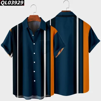 Men Fashion Holiday Stripe Letter Lapel Short Sleeve Plus Size Loose Shirt