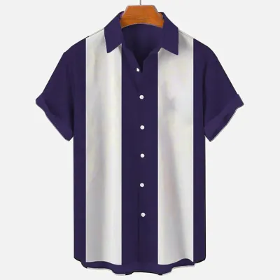 Men Fashion Holiday Stripe Letter Lapel Short Sleeve Plus Size Loose Shirt