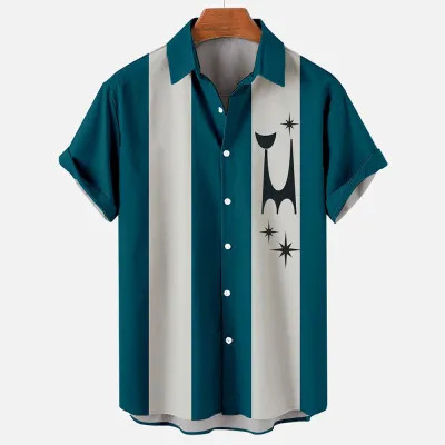 Men Fashion Holiday Stripe Letter Lapel Short Sleeve Plus Size Loose Shirt
