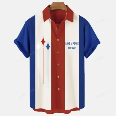 Men Fashion Holiday Stripe Letter Lapel Short Sleeve Plus Size Loose Shirt
