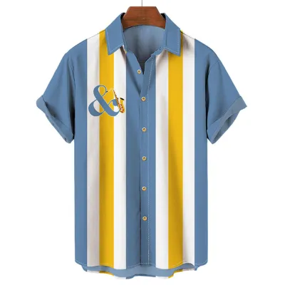 Men Fashion Holiday Stripe Letter Lapel Short Sleeve Plus Size Loose Shirt