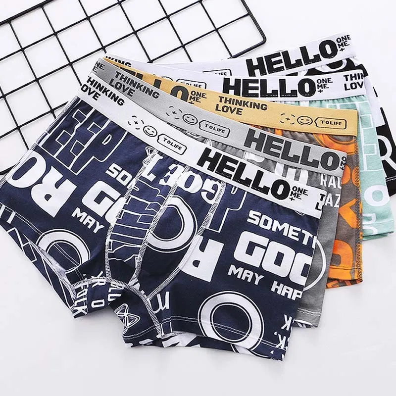 Men Casual Simple Letter Cotton Mid Waist Boxer Pants Underwear