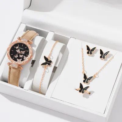 Women's Butterfly Rhinestone Watch and Jewelry Set Necklace Earrings Ring