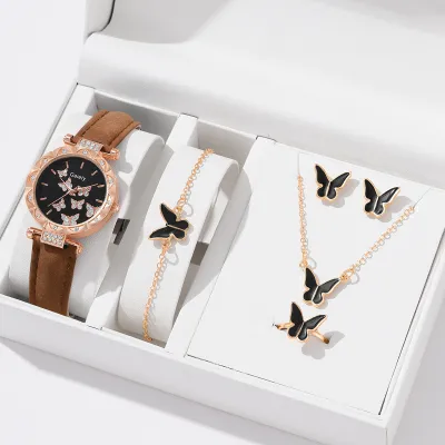 Women's Butterfly Rhinestone Watch and Jewelry Set Necklace Earrings Ring