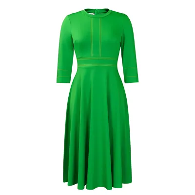 Women Plus Size Solid Color Round Neck Swing Midi Dress