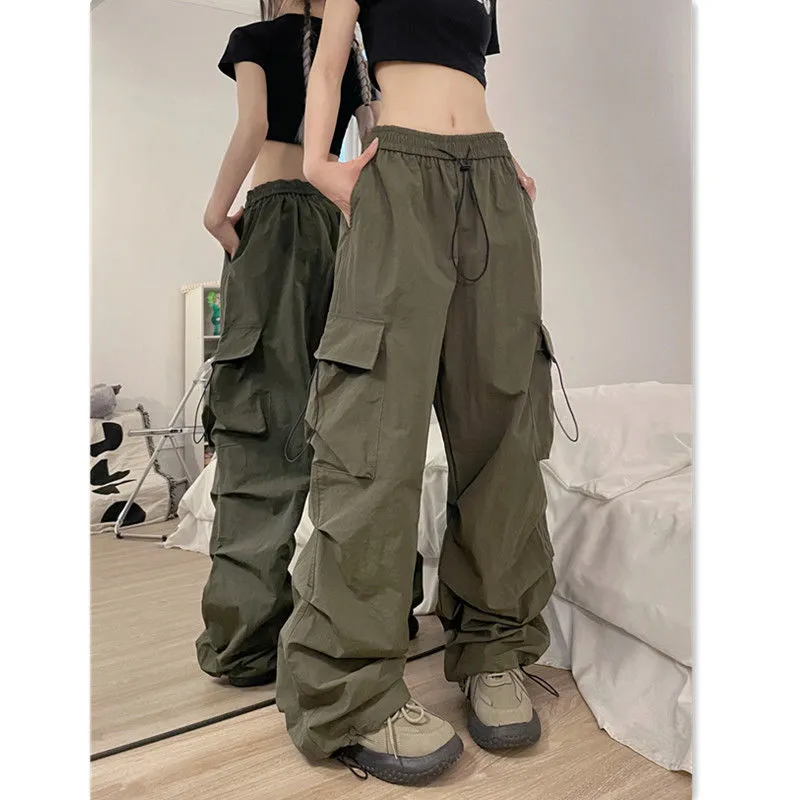 Wholesale Retro Casual Women Straight Loose Wide-Leg Solid Color Side Pocket  Cargo Pants