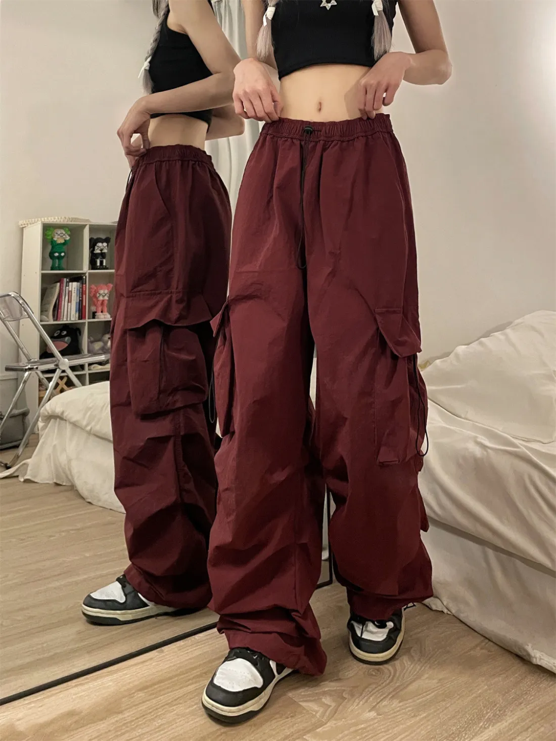 Wholesale Retro Casual Women Straight Loose Wide-Leg Solid Color Side Pocket  Cargo Pants
