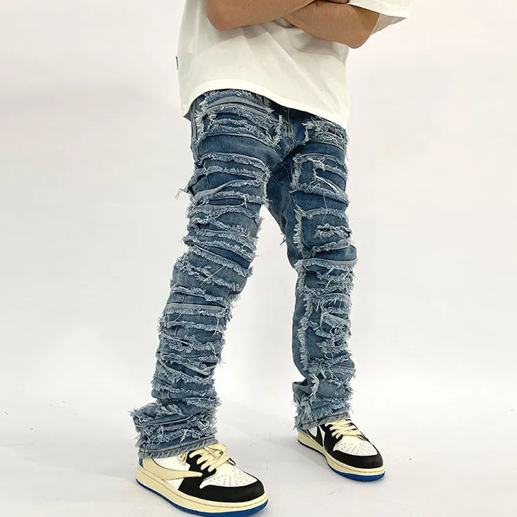Men Fashion Street Ripped Tassel Slim-Fit Tinged Jeans