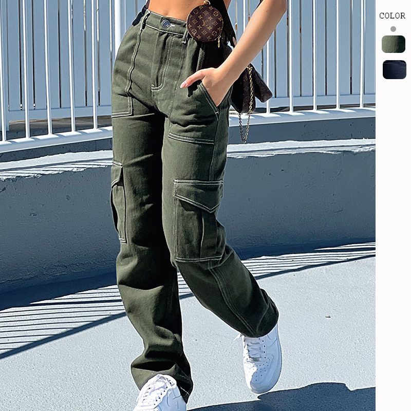 Wholesale Women Fashion Stitching Straight Cargo Pants