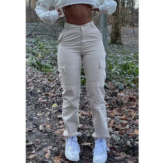 Wholesale Women Fashion Solid Color High Waist Stretch Cargo Pants