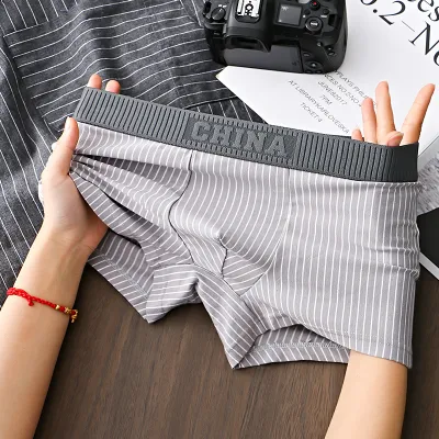 Men Simple Letter Stripe Cotton Mid Waist Boxer Pants