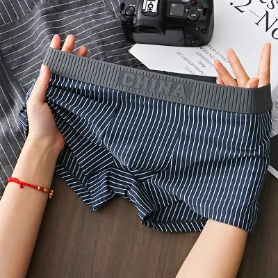 Men Simple Letter Stripe Cotton Mid Waist Boxer Pants