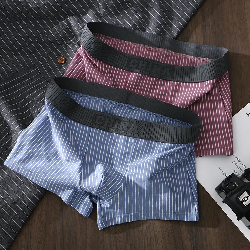 Men Simple Letter Stripe Cotton Mid Waist Boxer Pants