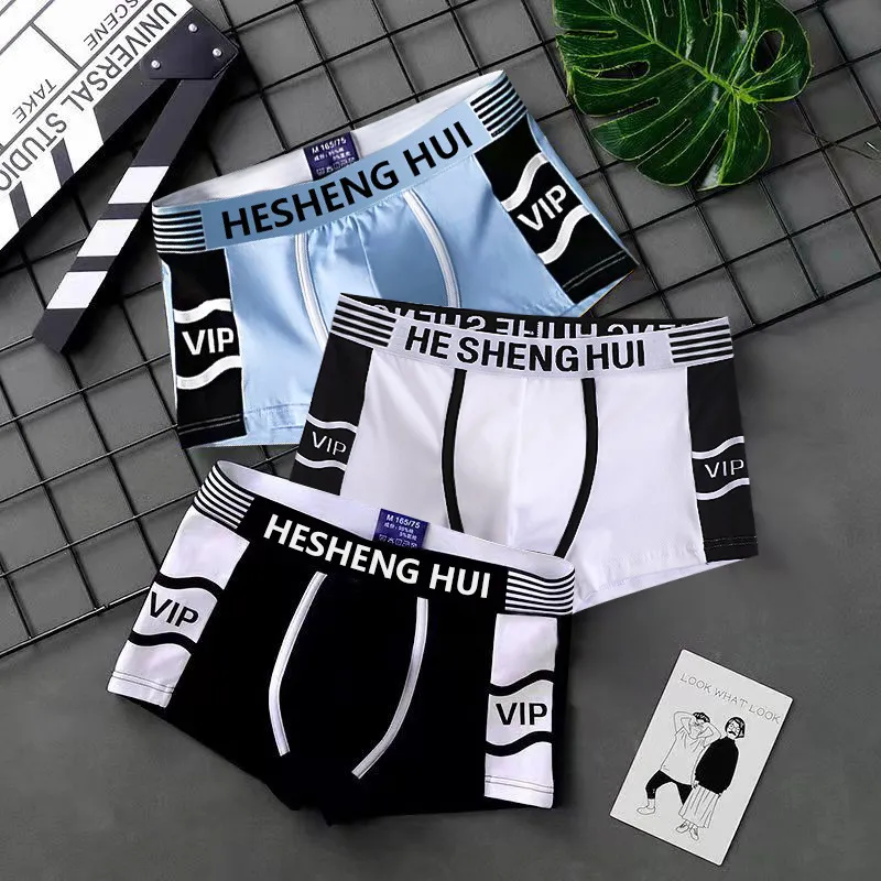 Men Simple Colorblock Letter Stripe Mid Waist Boxer Underwear Pants