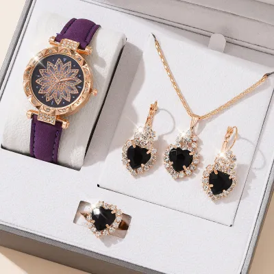 Women Fashion Floral Rhinestone Watch Drop Necklace Earrings Ring Set