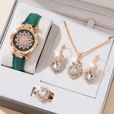 Women Fashion Floral Rhinestone Watch Drop Necklace Earrings Ring Set