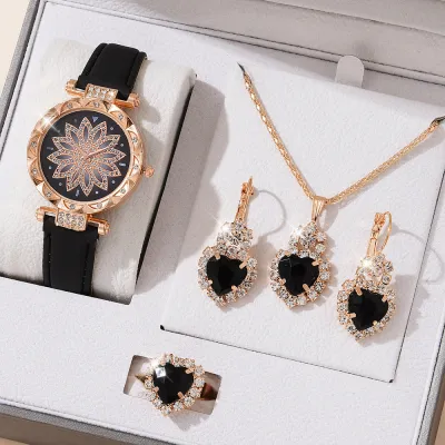 Women Fashion Floral Rhinestone Watch Drop Necklace Earrings Ring Set