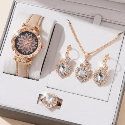 Women Fashion Floral Rhinestone Watch Drop Necklace Earrings Ring Set