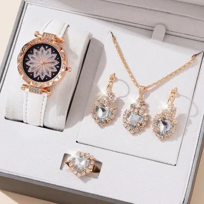 Women Fashion Floral Rhinestone Watch Drop Necklace Earrings Ring Set