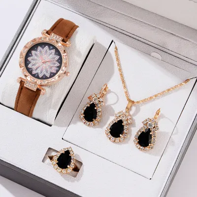Women Fashion Floral Rhinestone Watch Drop Necklace Earrings Ring Set