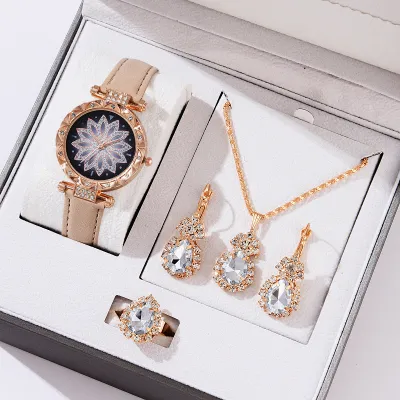 Women Fashion Floral Rhinestone Watch Drop Necklace Earrings Ring Set