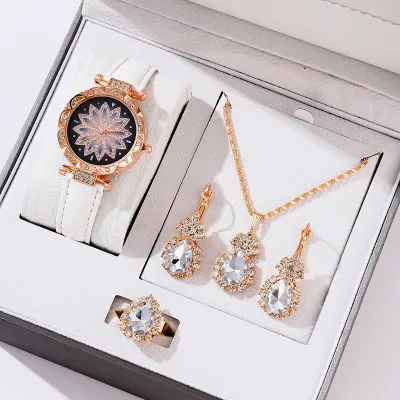 Women Fashion Floral Rhinestone Watch Drop Necklace Earrings Ring Set