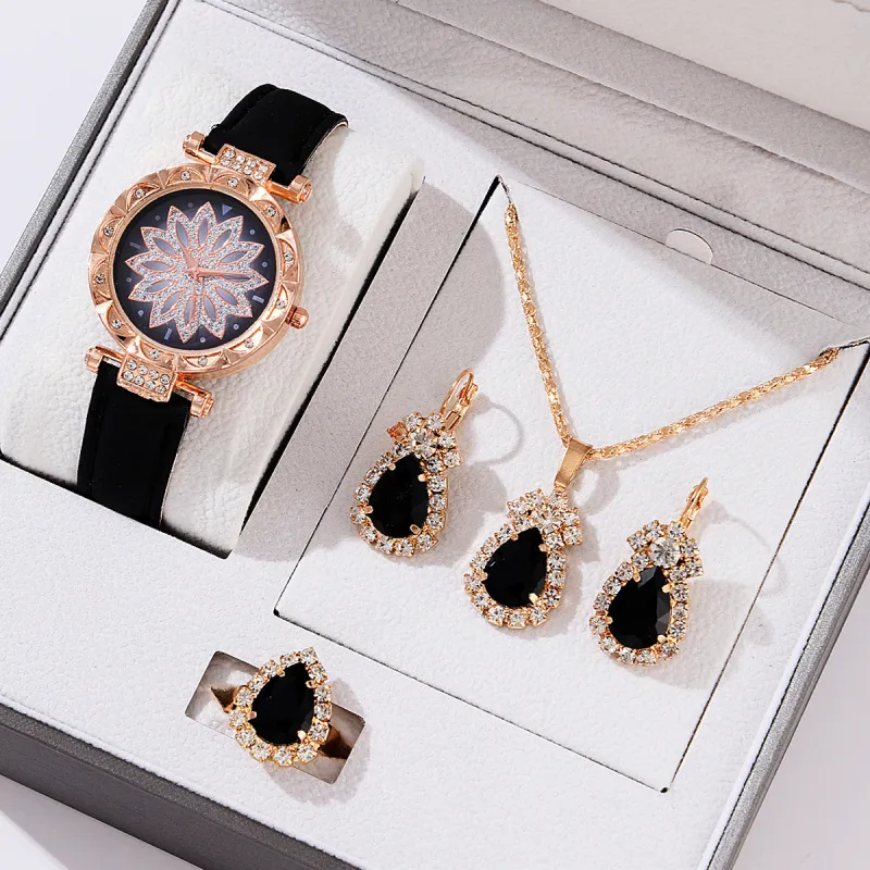 Women Fashion Floral Rhinestone Watch Drop Necklace Earrings Ring Set