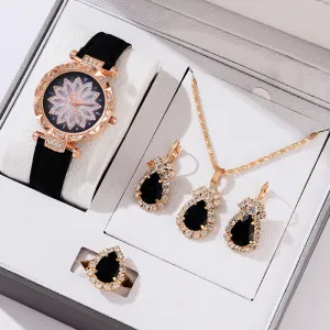 Women Fashion Floral Rhinestone Watch Drop Necklace Earrings Ring Set