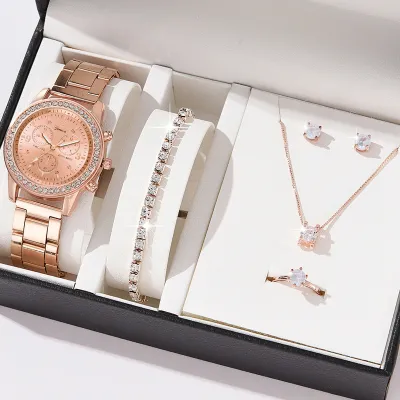 Women Fashion Three Eyes Quartz Diamond Watch Ring Earrings Necklace Set