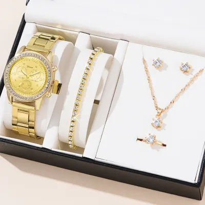 Women Fashion Three Eyes Quartz Diamond Watch Ring Earrings Necklace Set