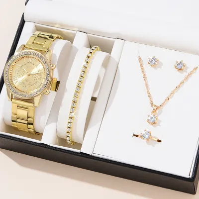 Women Fashion Three Eyes Quartz Diamond Watch Ring Earrings Necklace Set
